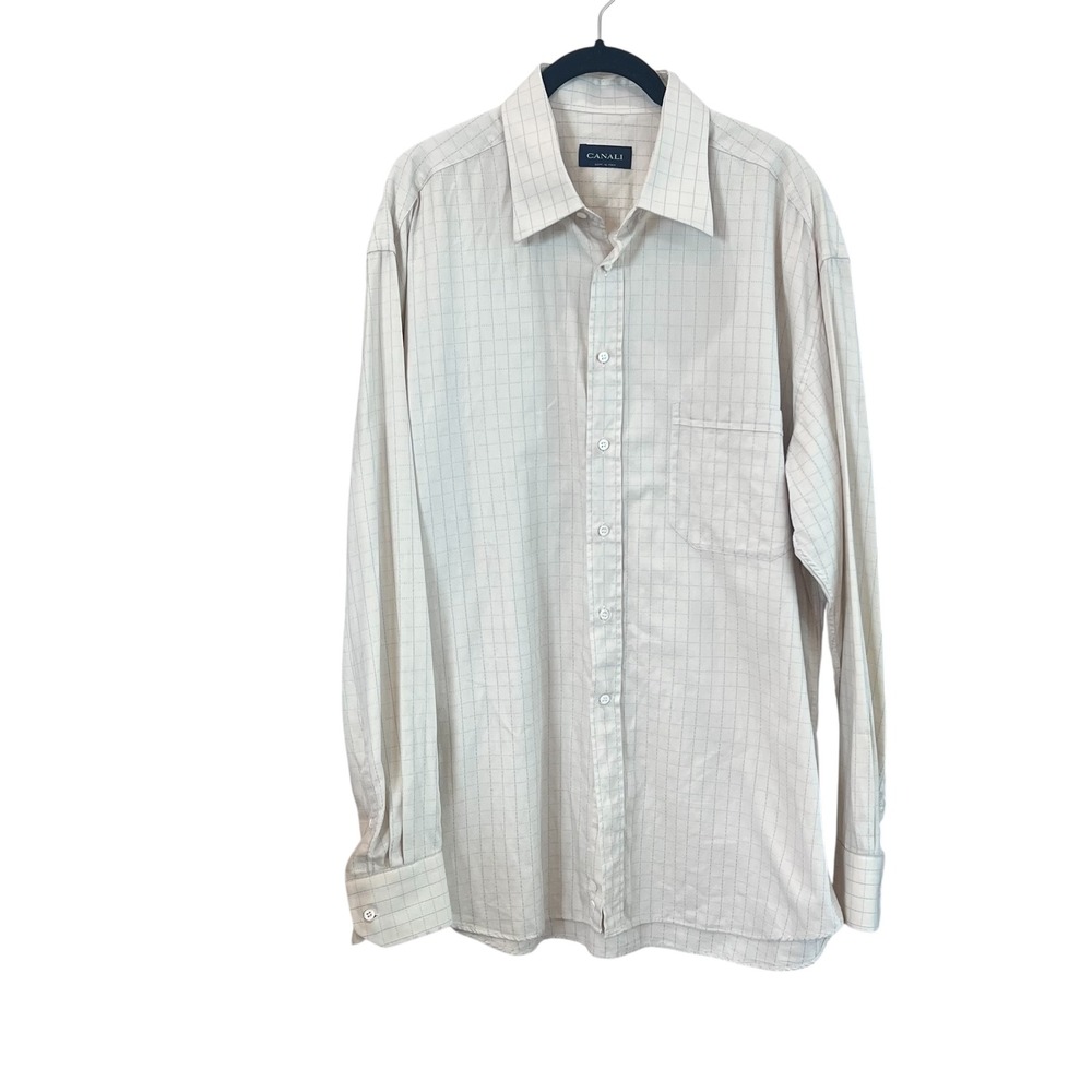 Canali Mens Button Down Shirt Made Italy Cotton Windowpane Check Beige Blue‎ XL